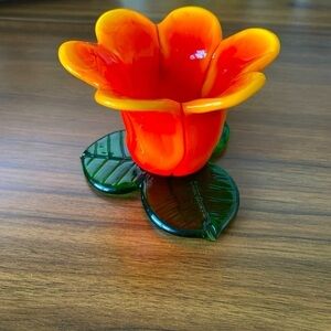 Hand Blown Art Glass Red/ Orange/Yellow Flowers Tulip Votive Candle Holder  VTG